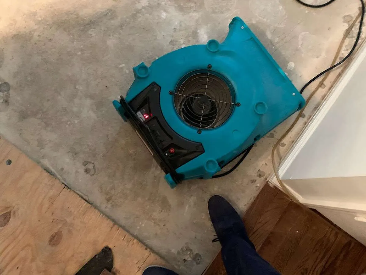 Air mover drying subfloor during Leak Detection & Repair in Moyock